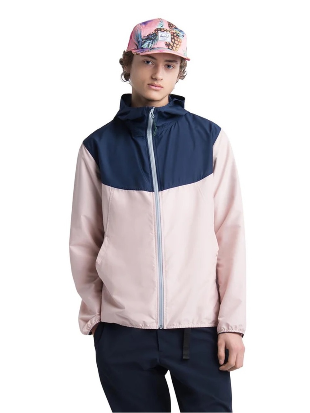 Men's Colorblock Hooded Windbreaker Jacket - Pink & Navy